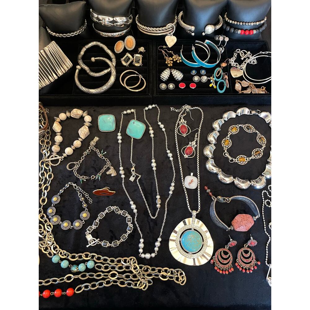 Huge 50pc VTG Estate Southwestern Turquoise Silver Necklace Earring Lot Bundle